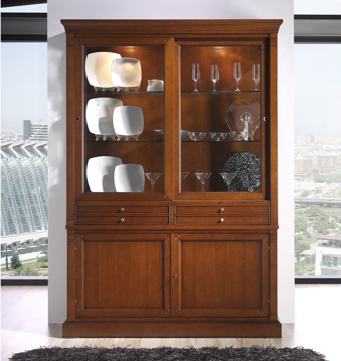 CHERRY DISPLAY CABINET WITH TWO SLIDING GLASS DOORS