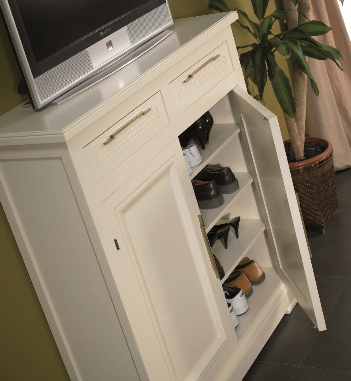 SHOE RACK WITH TWO DOORS AND TWO DRAWERS, WHITE LACQUERED