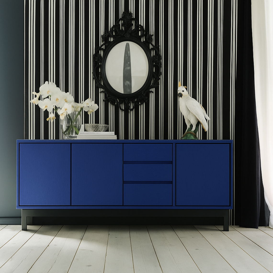 BLUE LACQUERED SIDEBOARD WITH GREY WORKTOP