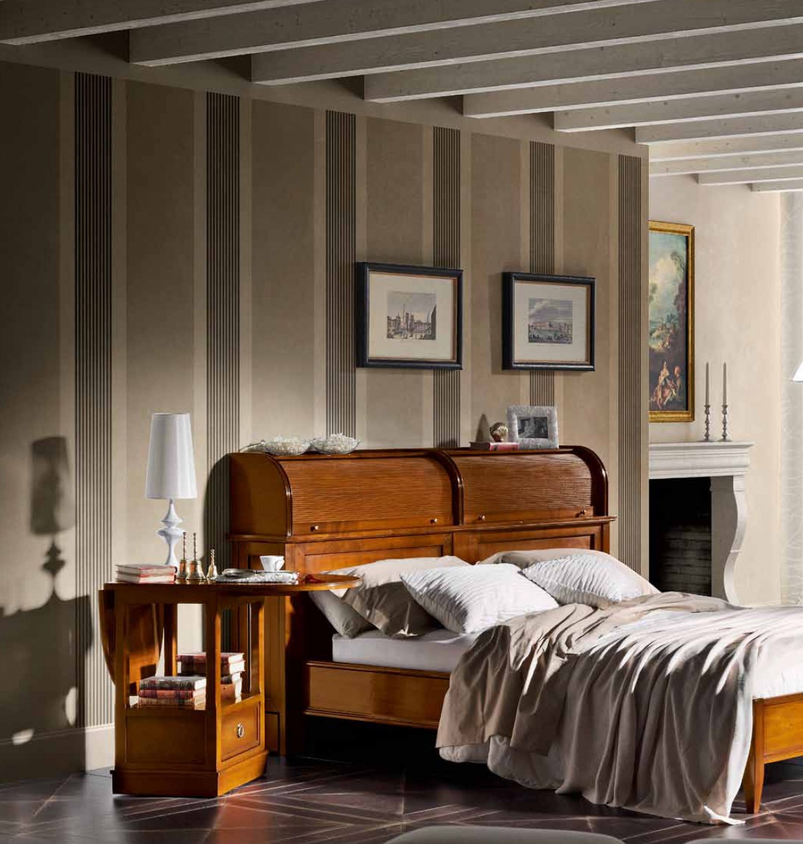 CHERRY BED COMPLETE WITH HEADBOARD FORMED BY TWO CYLINDER BEDSPREADS