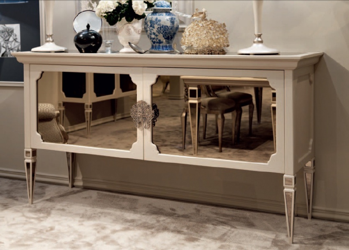 TWO-DOOR SIDEBOARD WITH MIRROR ON THE TOP AND DOORS AND WHITE AND GREY LACQUER