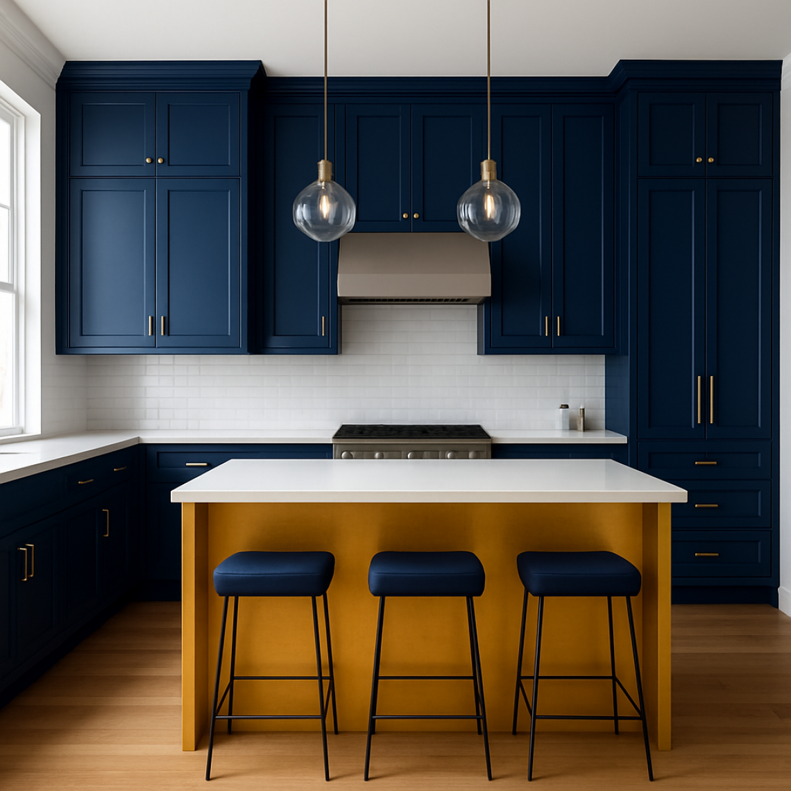 MODERN BLUE AND YELLOW LACQUERED KITCHEN WITH CENTRAL ISLAND MODERN BLUE AND YELLOW LACQUERED KITCHEN WITH CENTRAL ISLAND