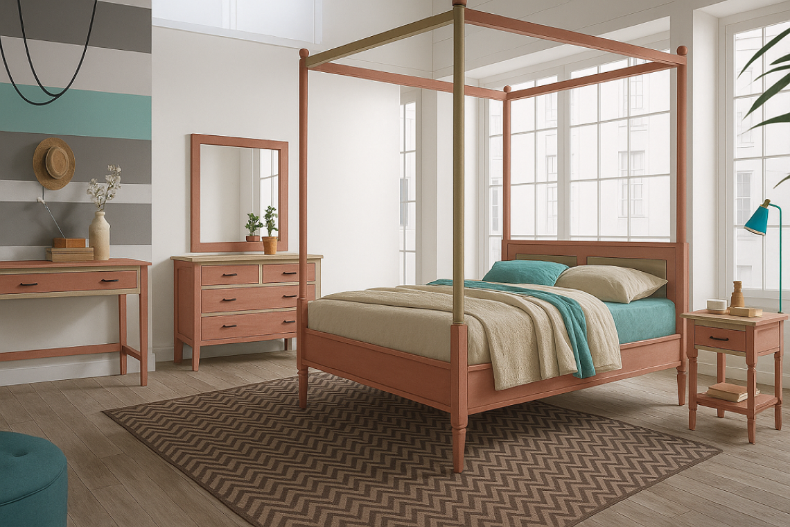 SOFT PINK LACQUERED CANOPY BED COMBINED WITH LACQUER AND MATCHING FURNITURE SOFT PINK LACQUERED CANOPY BED COMBINED WITH LACQUER AND MATCHING FURNITURE