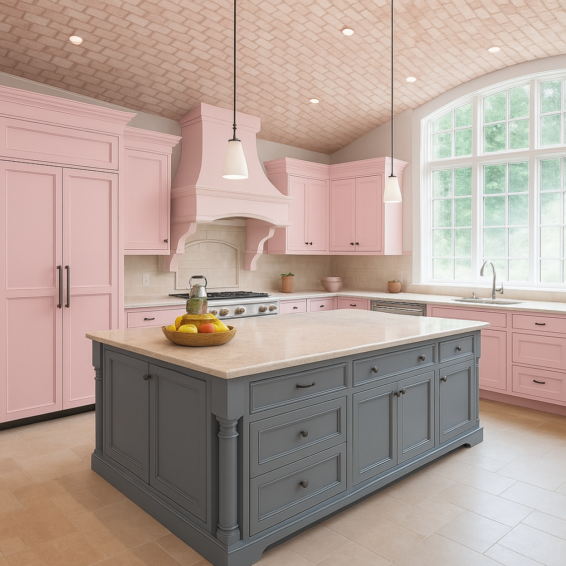 BLUE AND PINK PATINATED LACQUERED KITCHEN WITH CENTRAL ISLAND AND MATCHING HOOD BLUE AND PINK PATINATED LACQUERED KITCHEN WITH CENTRAL ISLAND AND MATCHING HOOD