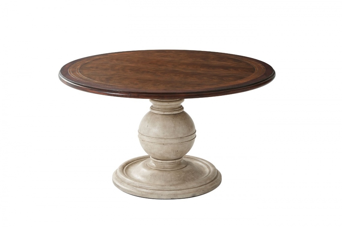 ROUND TABLE WITH WHITE PATINATED SPHERICAL FOOT AND CHERRY-COLOURED TOP