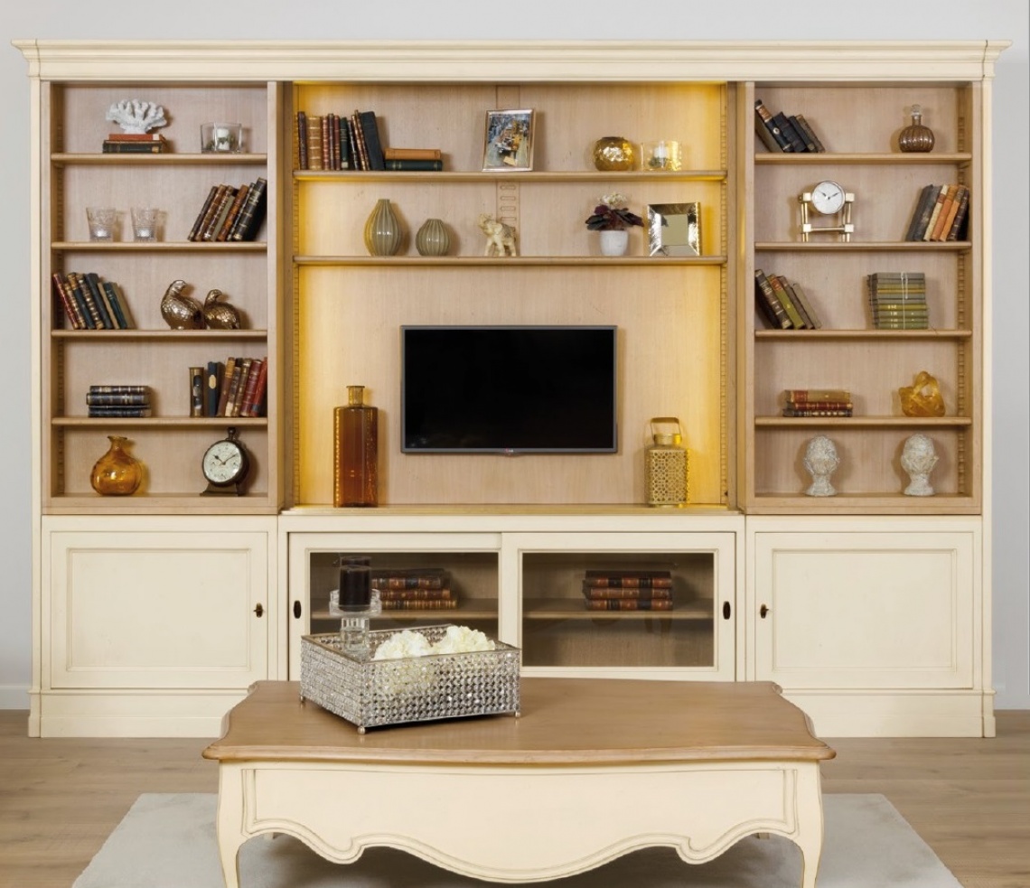 WHITE BOOKCASE WITH CHERRY INTERIOR AND WITH LIGHT INSIDE