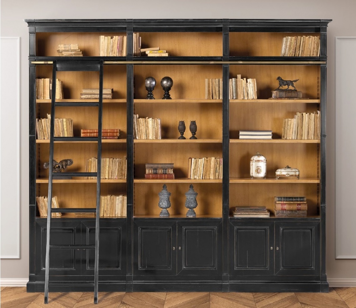 BLACK BOOKCASE WITH INTERIOR IN CHERRY WOOD WITH LADDER TO ACCESS THE TOP