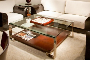 CONTEMPORARY DESIGN COFFEE TABLE WITH GLASS AND WOOD TOP COMBINED WITH STEEL