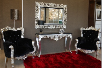 PAIR OF SILVER ARMCHAIRS AND MATCHING CONSOLE