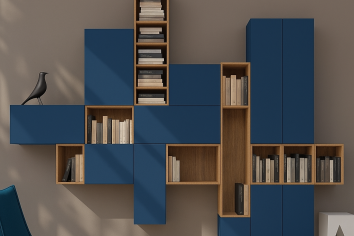 TETRIS-TYPE MODULAR LIVING ROOM UNIT LACQUERED IN BLUE COMBINED WITH NATURAL OAK