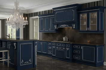 CLASSIC NAVY BLUE LACQUERED KITCHEN WITH SILVER TRIM