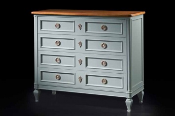 SOFT BLUE LACQUERED CHEST OF DRAWERS WITH CHERRY TOP