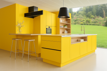COMPLETE KITCHEN WITH INTEGRAL DISTRIBUTION AS WELL AS CENTRAL ISLAND LACQUERED IN GLOSSY YELLOW