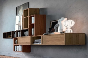CUSTOM-MADE MODULAR LIVING ROOM UNIT WITH SEVERAL WALL-SUSPENDED MODULES IN DIFFERENT OAK COLORS