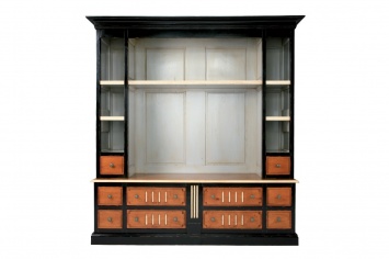 BOOKCASE WITH TV SHELF LACQUERED IN GREY, BLACK AND ORANGE, WITH BACK MADE WITH STAVES