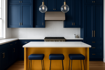 MODERN BLUE AND YELLOW LACQUERED KITCHEN WITH CENTRAL ISLAND