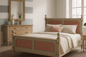 CLASSIC PINK LACQUERED BEDROOM COMBINED WITH CREAM WITH NIGHTSTANDS AND CHEST OF DRAWERS