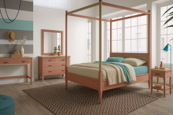 SOFT PINK LACQUERED CANOPY BED COMBINED WITH LACQUER AND MATCHING FURNITURE