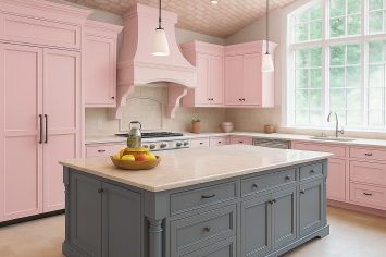 BLUE AND PINK PATINATED LACQUERED KITCHEN WITH CENTRAL ISLAND AND MATCHING HOOD