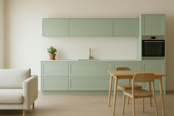 SOFT GREEN LACQUERED KITCHEN WITH WHITE WORKTOP