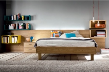 DORMITORIO CUBOS EN AMARILLO Y CABECERO DE ROBLE