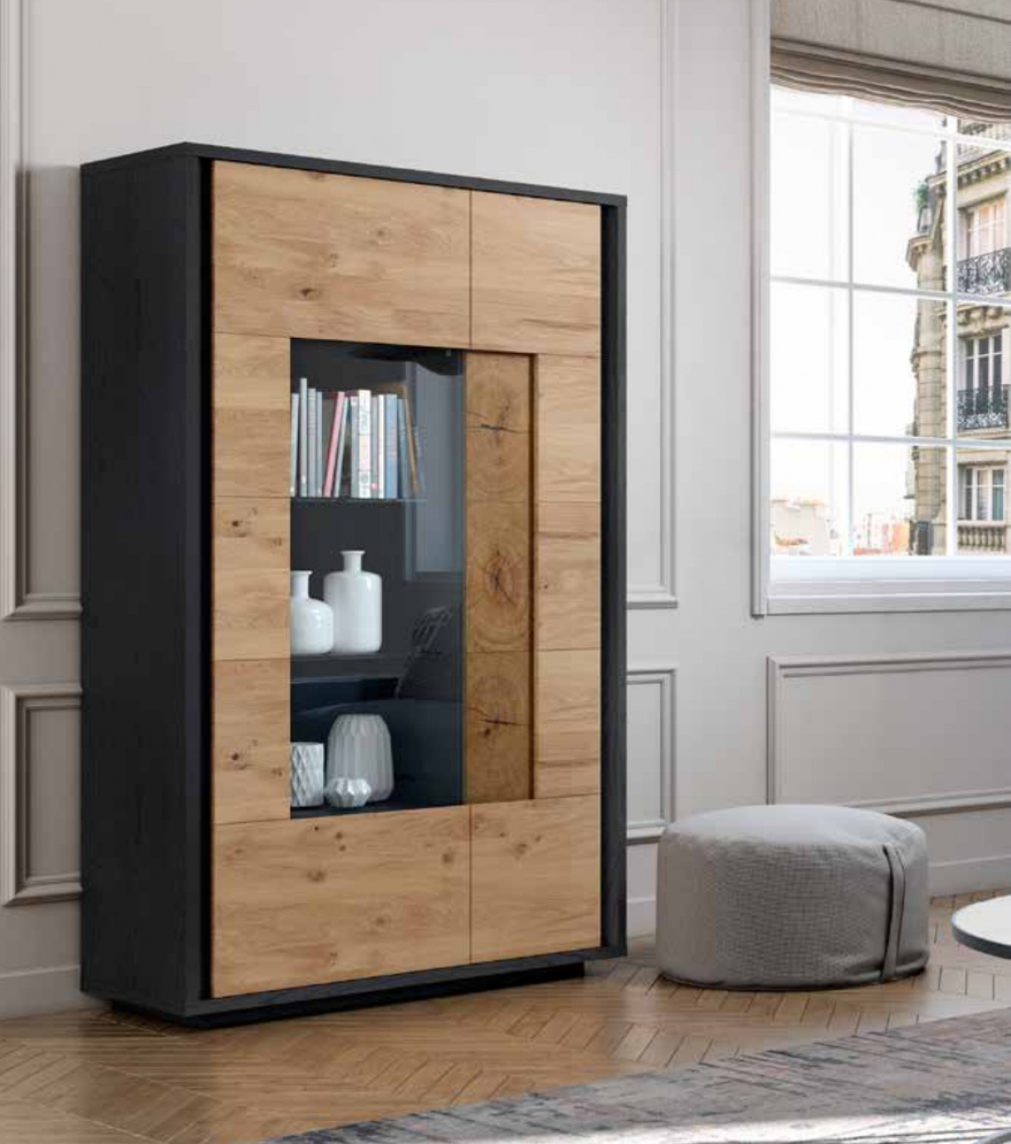 VITRINA EN MADERA NATURAL Y NEGRO
