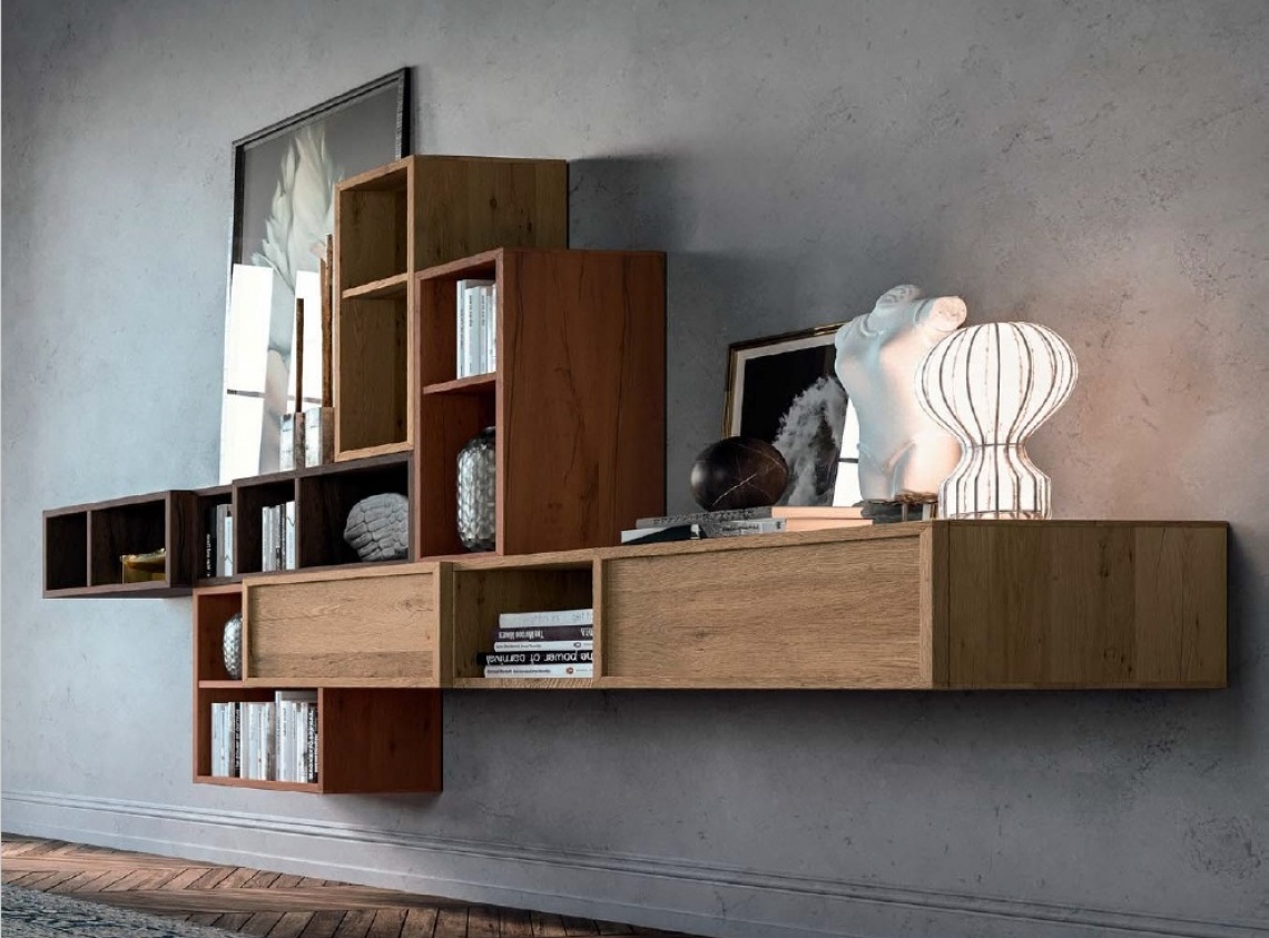 CUSTOM-MADE MODULAR LIVING ROOM UNIT WITH SEVERAL WALL-SUSPENDED MODULES IN DIFFERENT OAK COLORS