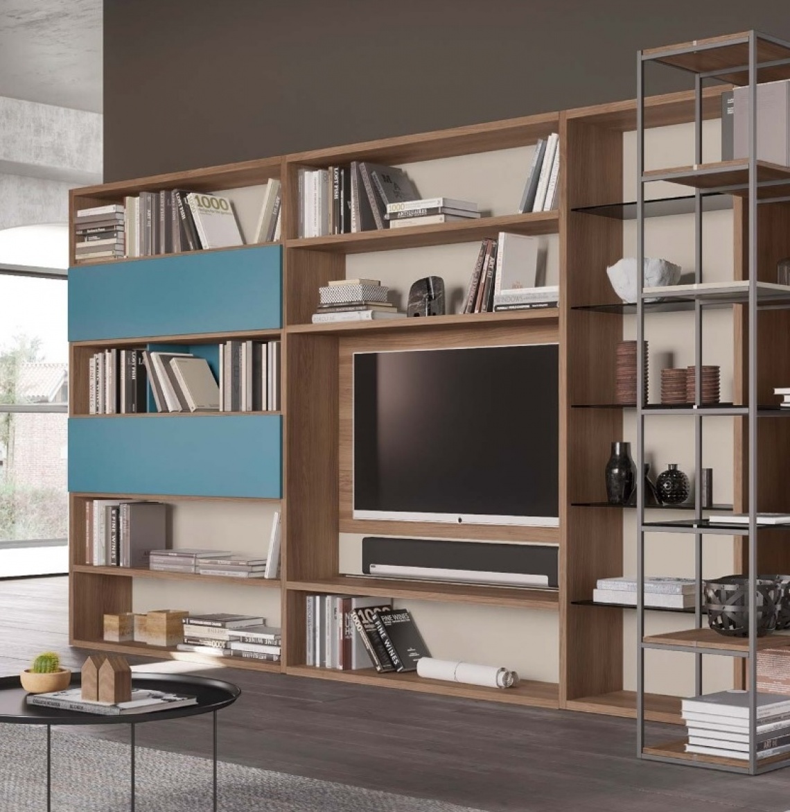 ESTANTERIA EN AZUL Y MADERA