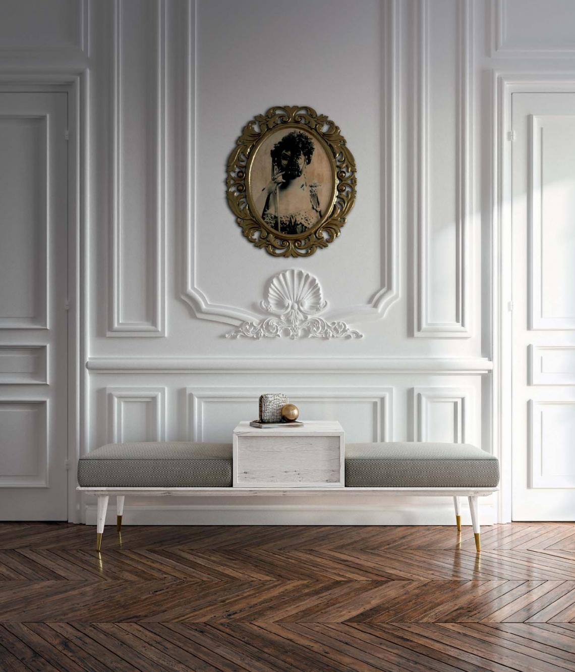 BANQUETA EN BLANCO CON PUNTERAS DORADAS