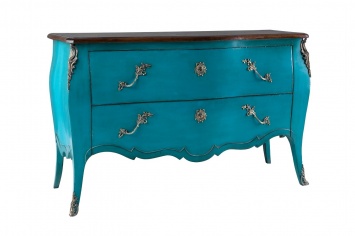 LOUIS XV TWO-DRAWER CHEST OF DRAWERS PATINATED IN BLUE WITH SILVER HANDLES
