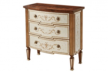SMALL THREE-DRAWER CHEST OF DRAWERS WITH MAHOGANY PALM TOP AND POLYCHROMY